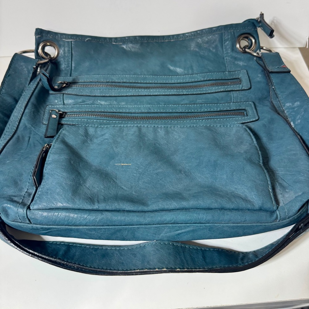 Bueno Shoulder Bag Teal Blue Faux Leather Multi-Pocket Crossbody Handbag Large
